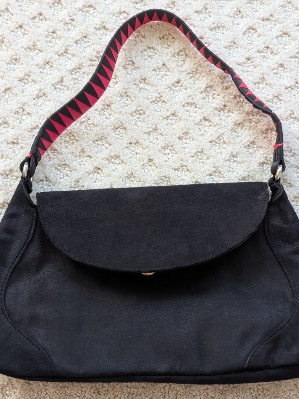 Y2K Victoria's Secret Black Faux Suede Shoulder Bag Pink Geometric Strap